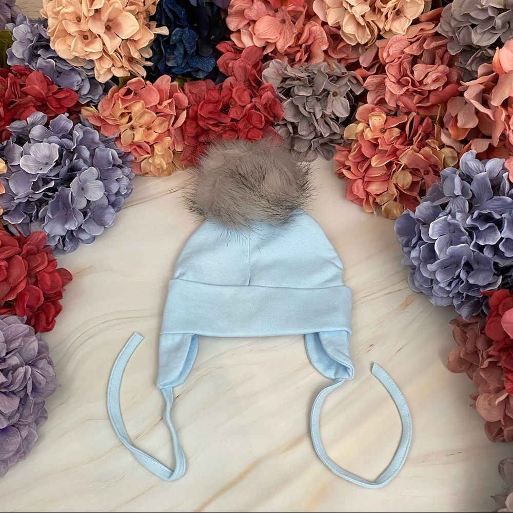 Blue Baby Beanie Hat with Gray Pom Pom and Earflaps - Picture 5 of 15
